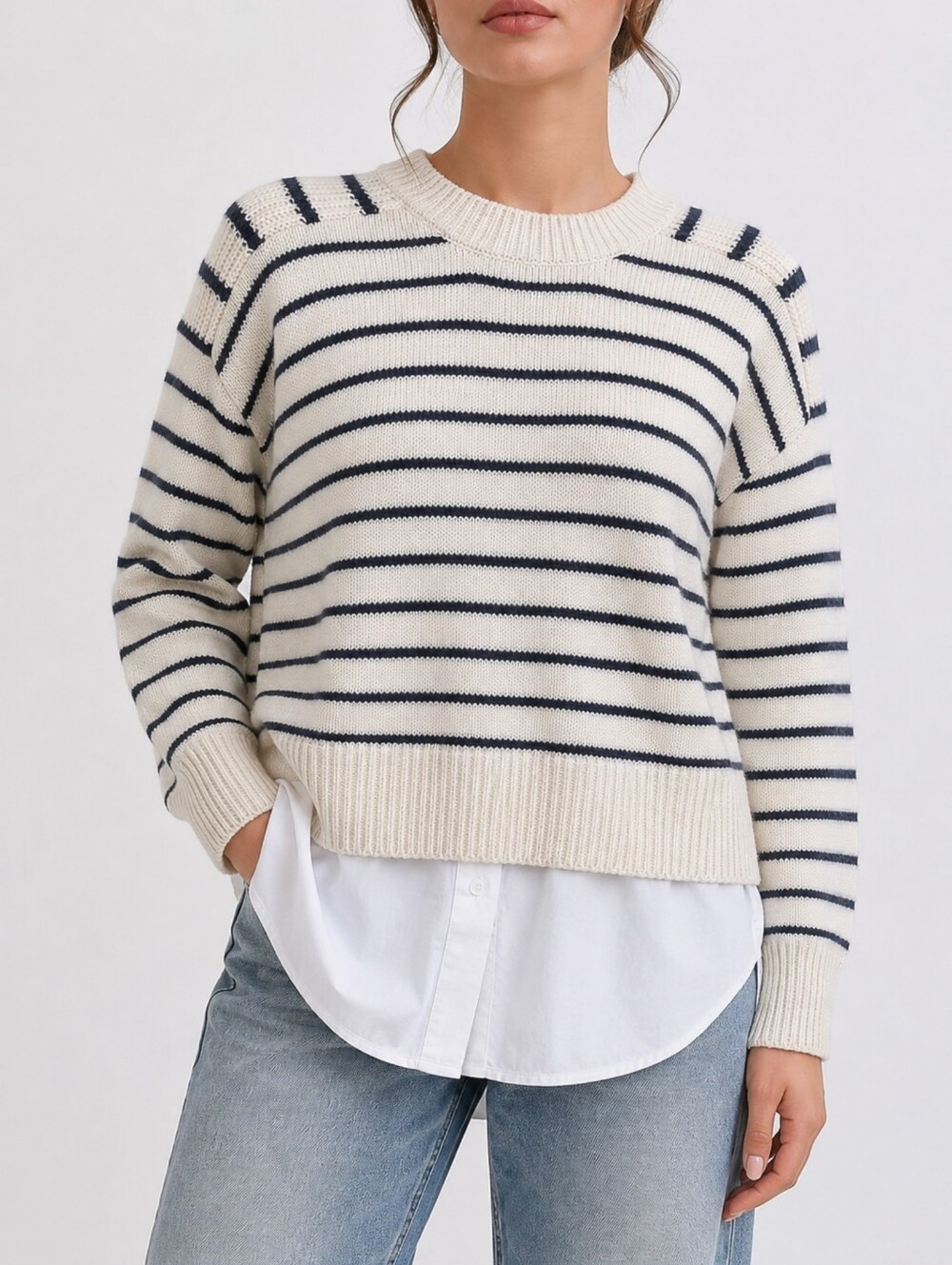 Brochu Walker Eden Stripe Crew Looker Layered Cotton Cashmere Sweater Women's M